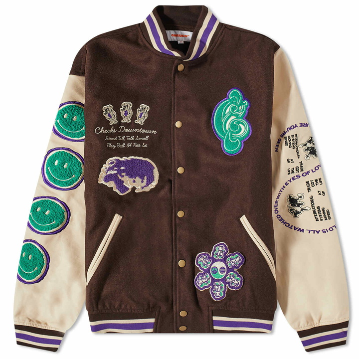 Photo: Checks Downtown Men's Letterman Varsity Jacket in Brown/Cream/Purple