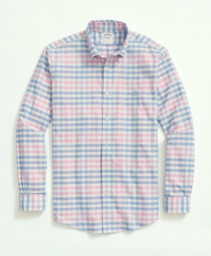 Photo: Brooks Brothers Men's Stretch Non-Iron Oxford Button-Down Collar, Multi-Gingham Sport Shirt | Light Blue