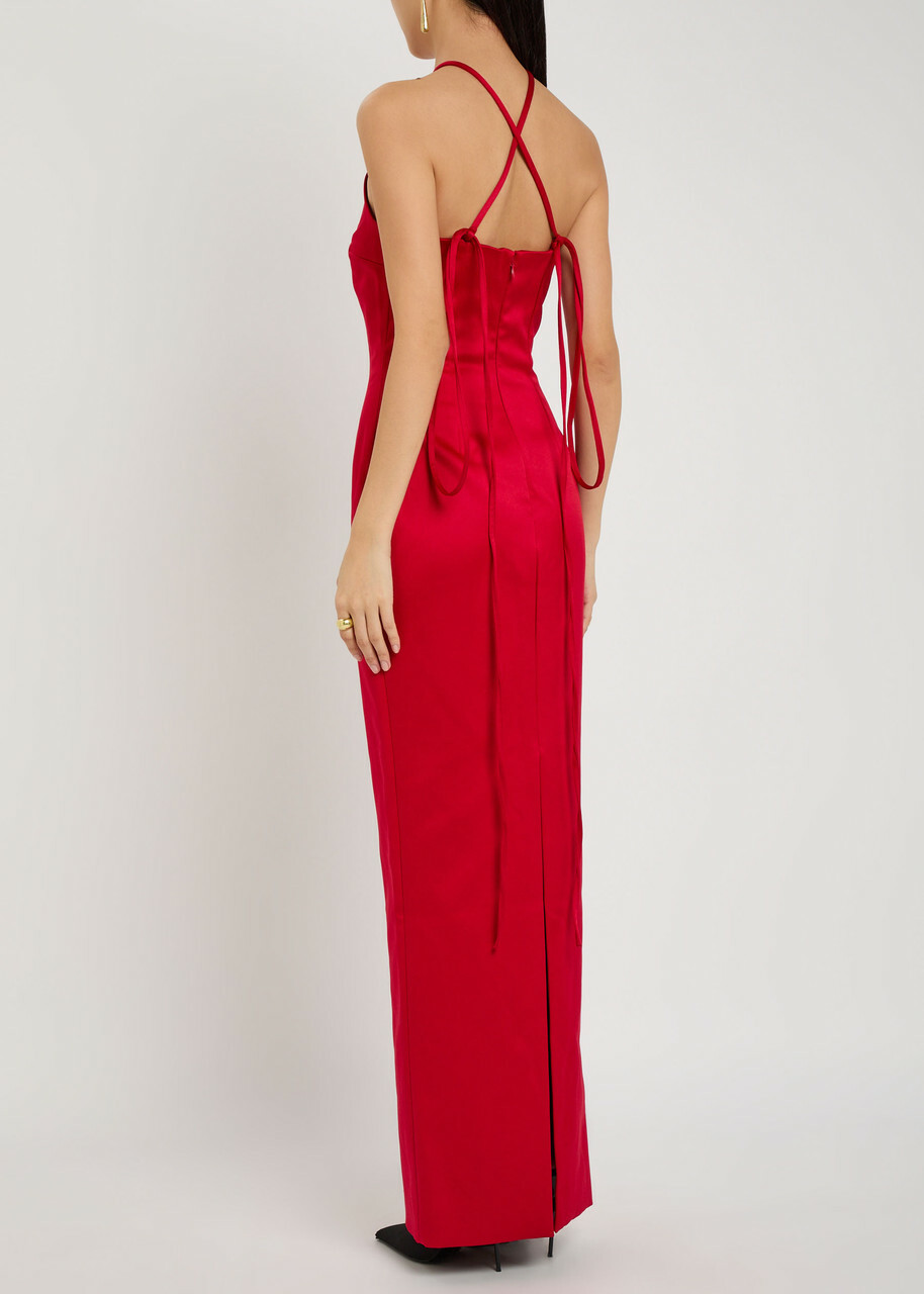 Solace London Fern Halterneck Satin Maxi Dress Red