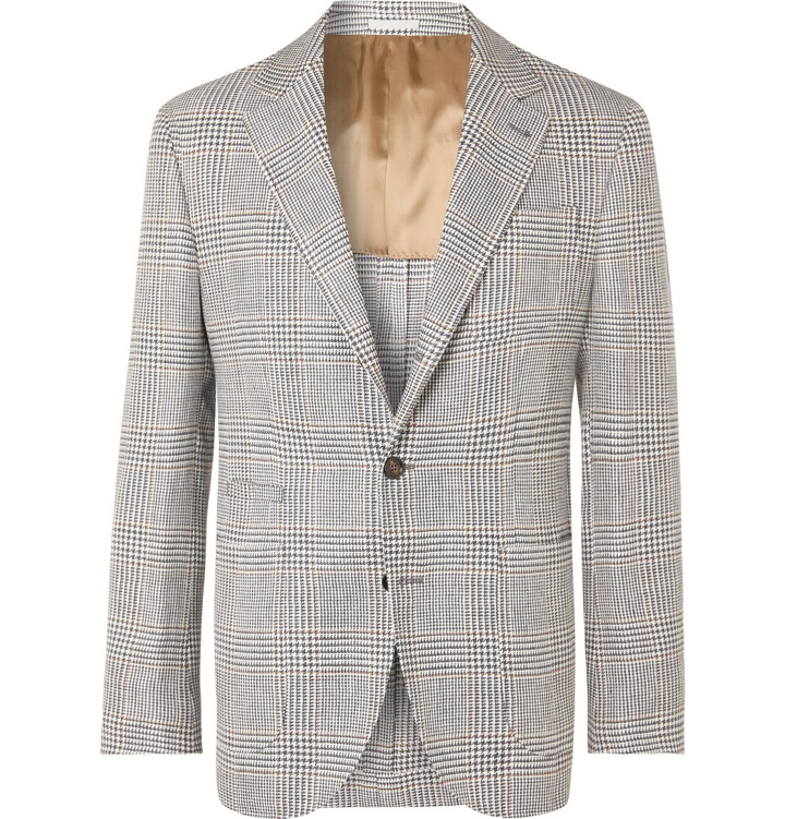 Photo: Brunello Cucinelli - Charcoal Slim-Fit Unstructured Houndstooth Linen, Wool and Silk-Blend Blazer - Gray