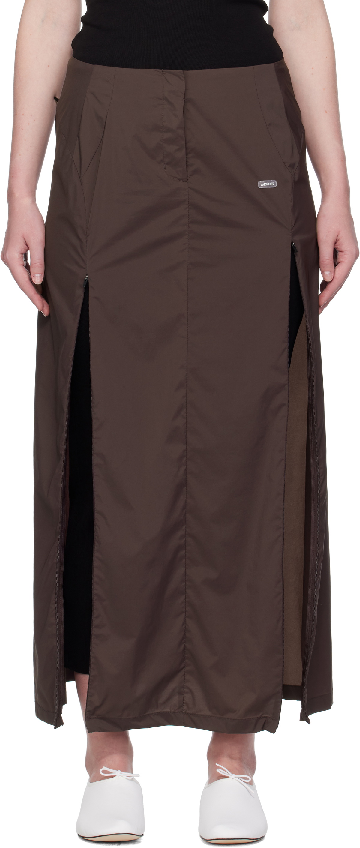 AMOMENTO Brown Side Vent Long Maxi Skirt