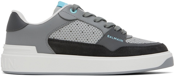 Photo: Balmain Gray & White B-Court Flip Perforated Leather Sneakers