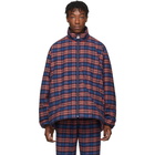 Balenciaga Blue and Red Check Flannel Quilted Zip-Up Jacket