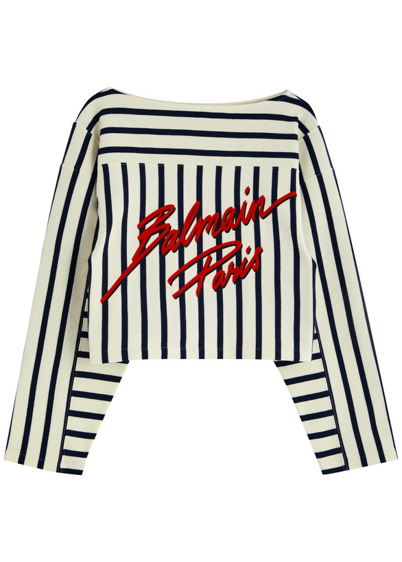 Photo: Balmain Logo-print Striped Cotton top Cream