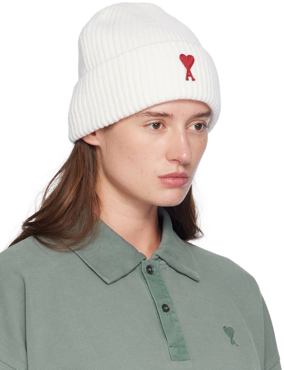 AMI Paris Off-White Red Ami de Cœur Beanie