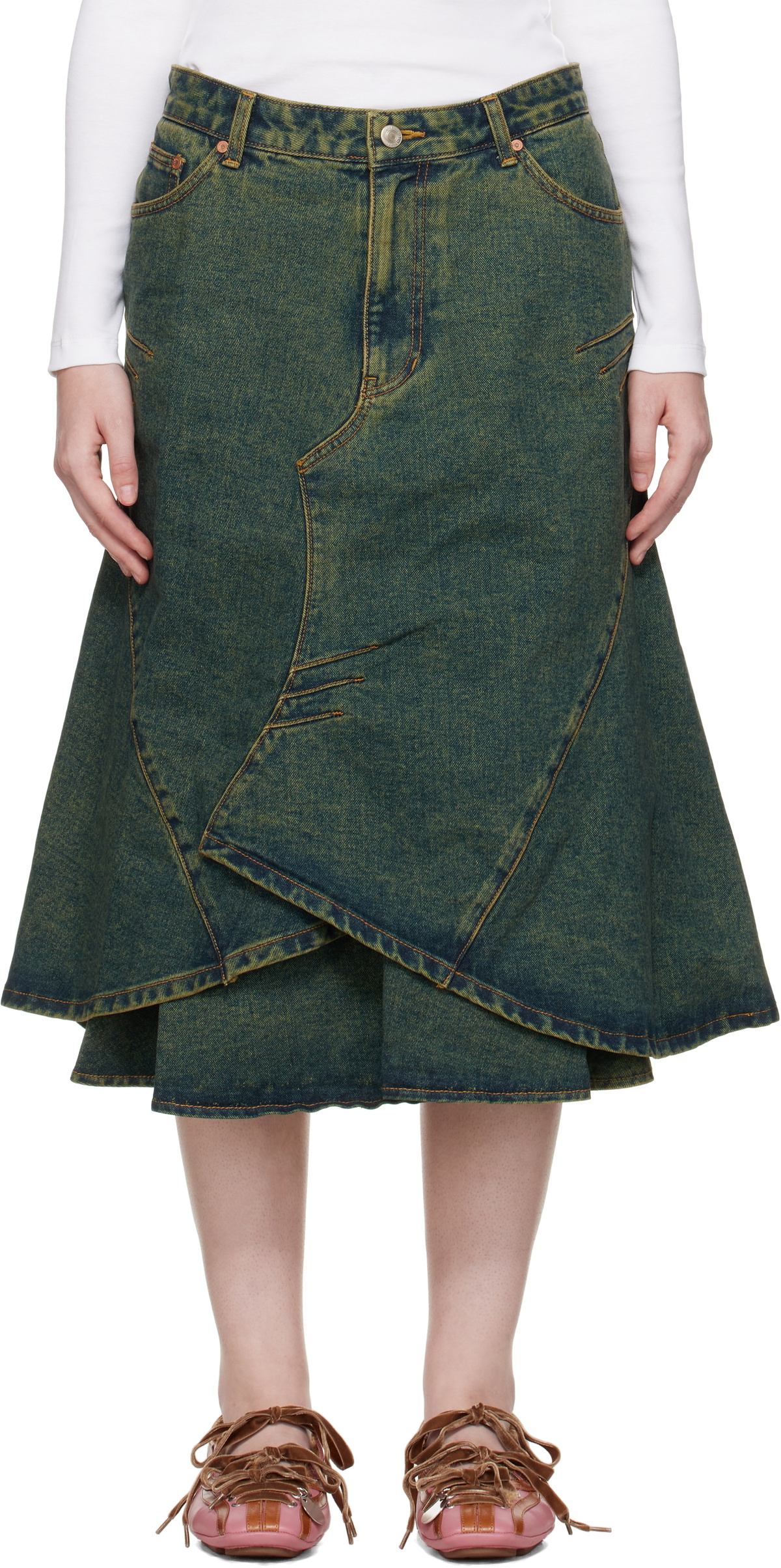 Andersson Bell Blue Custom Flare Layered Denim Midi Skirt
