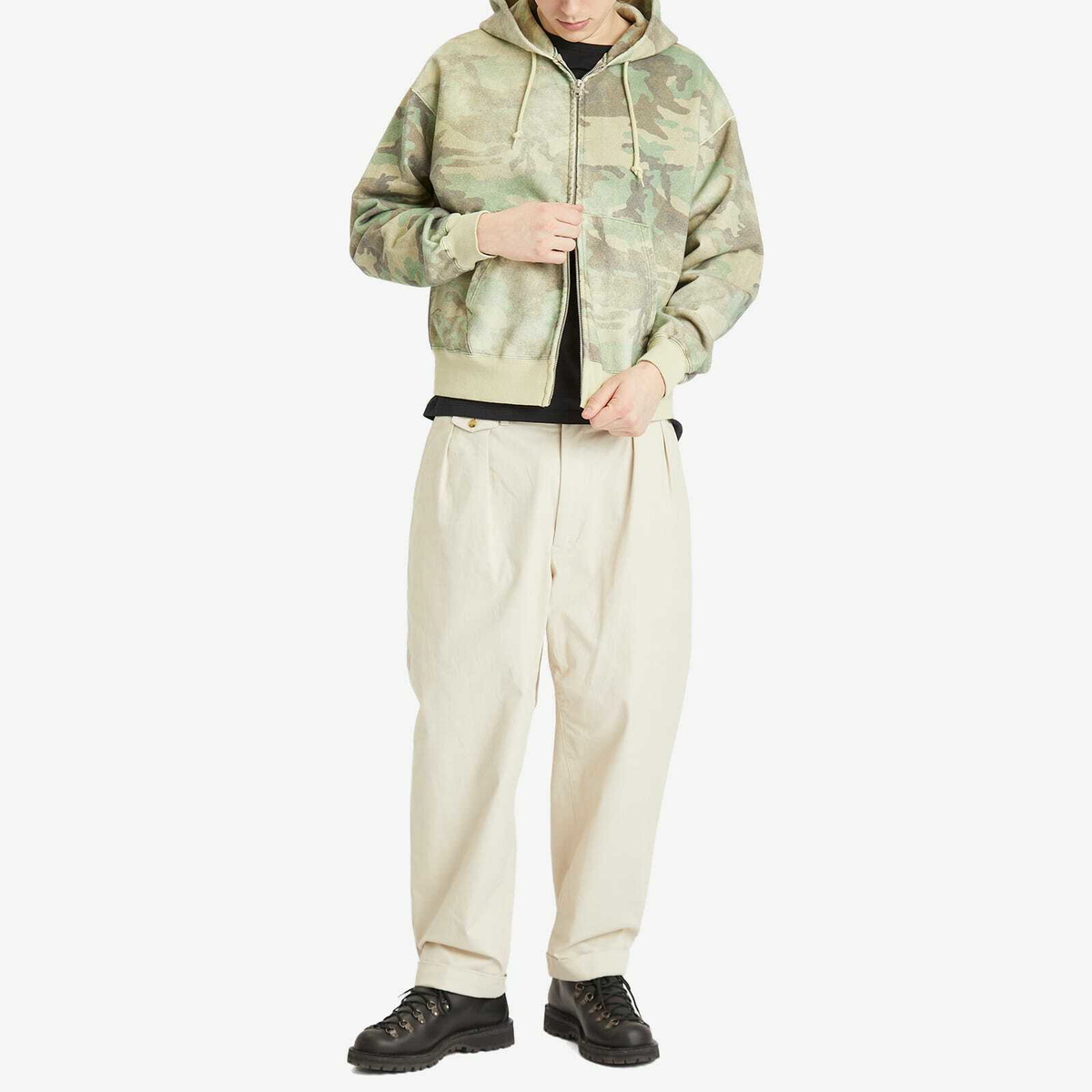 BEAMS Men's Faded Print Zip Up Hoodie in Woodland
