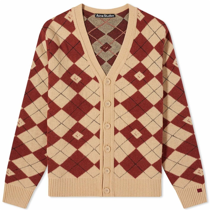Photo: Acne Studios Kwanny Argyle Face Cardigan in Biscuit Beige/Deep Red