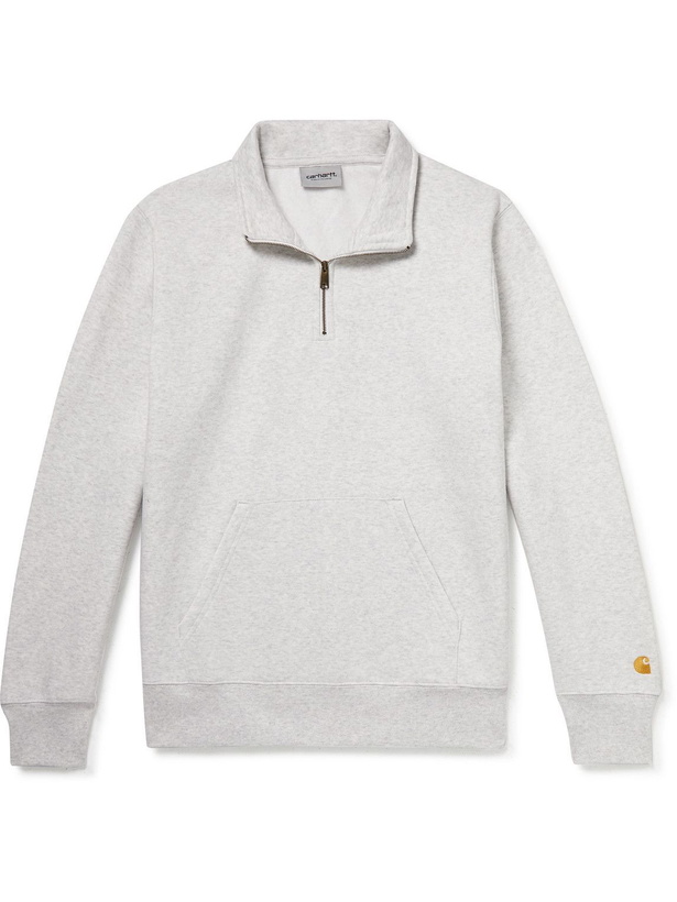 Photo: Carhartt WIP - Chase Logo-Embroidered Cotton-Blend Jersey Half-Zip Sweatshirt - Gray