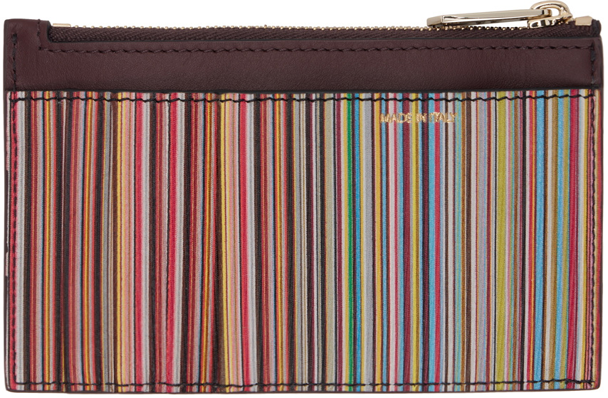 Paul Smith Burgundy Signature Stripe Leather Zip Card Holder Paul