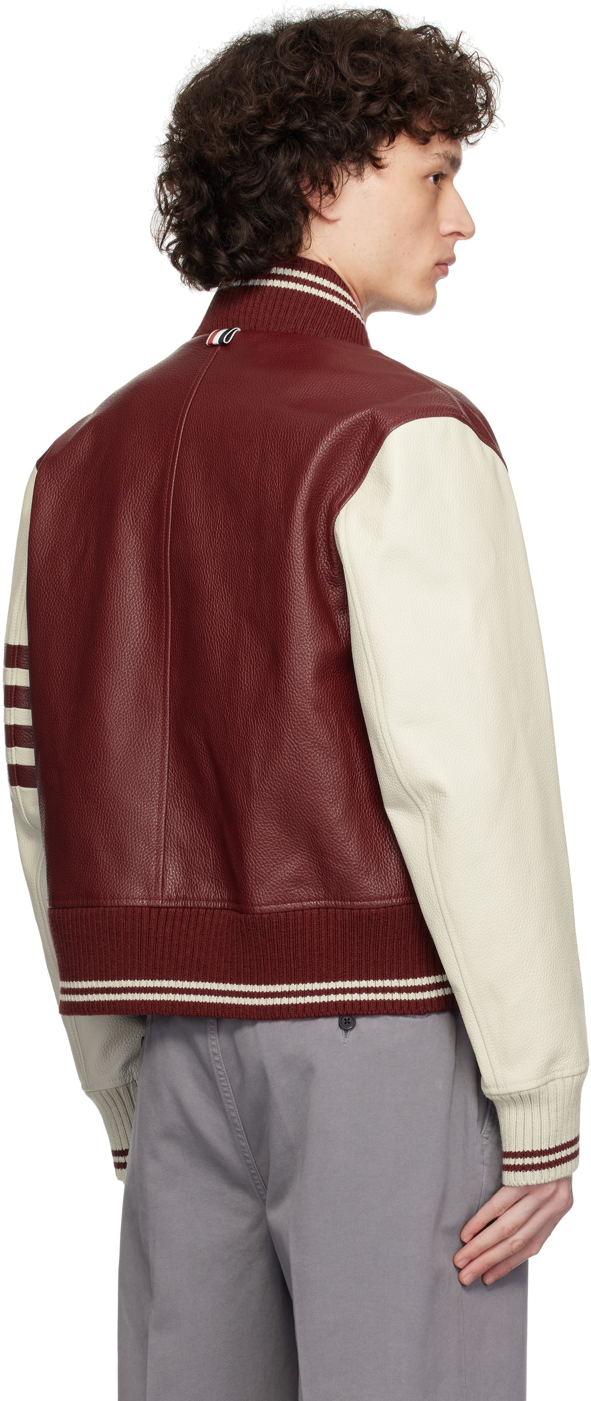 Thom Browne Burgundy & Off-White Classic 4 Bar Leather Bomber Jacket