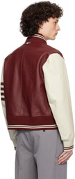 Thom Browne Burgundy & Off-White Classic 4 Bar Leather Bomber Jacket