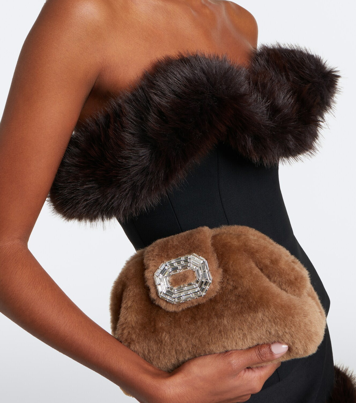 Amina Muaddi Camelia embellished shearling clutch