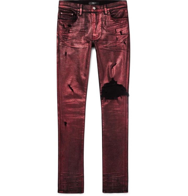 Photo: AMIRI - Skinny-Fit Distressed Glittered Stretch-Denim Jeans - Men - Red
