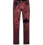 AMIRI - Skinny-Fit Distressed Glittered Stretch-Denim Jeans - Men - Red