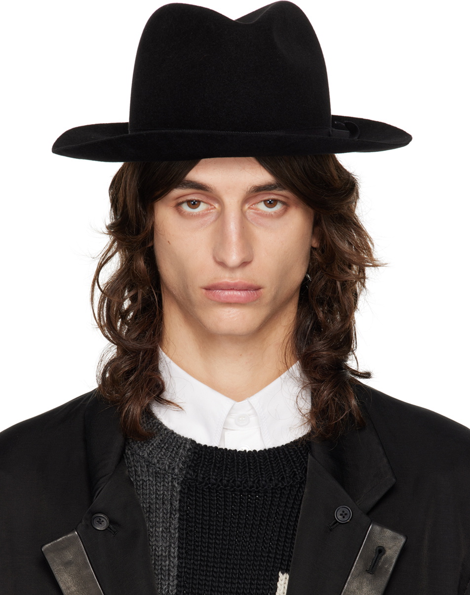 Yohji Yamamoto Black Designed Crown Fedora Hat Yohji Yamamoto