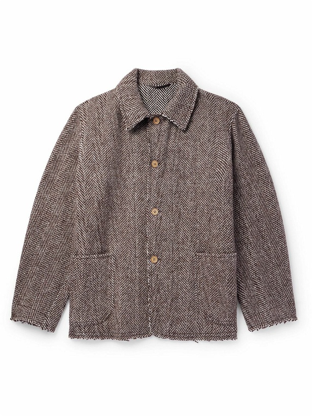 Photo: Kaptain Sunshine - Distressed Herringbone Wool Tweed Coat - Brown