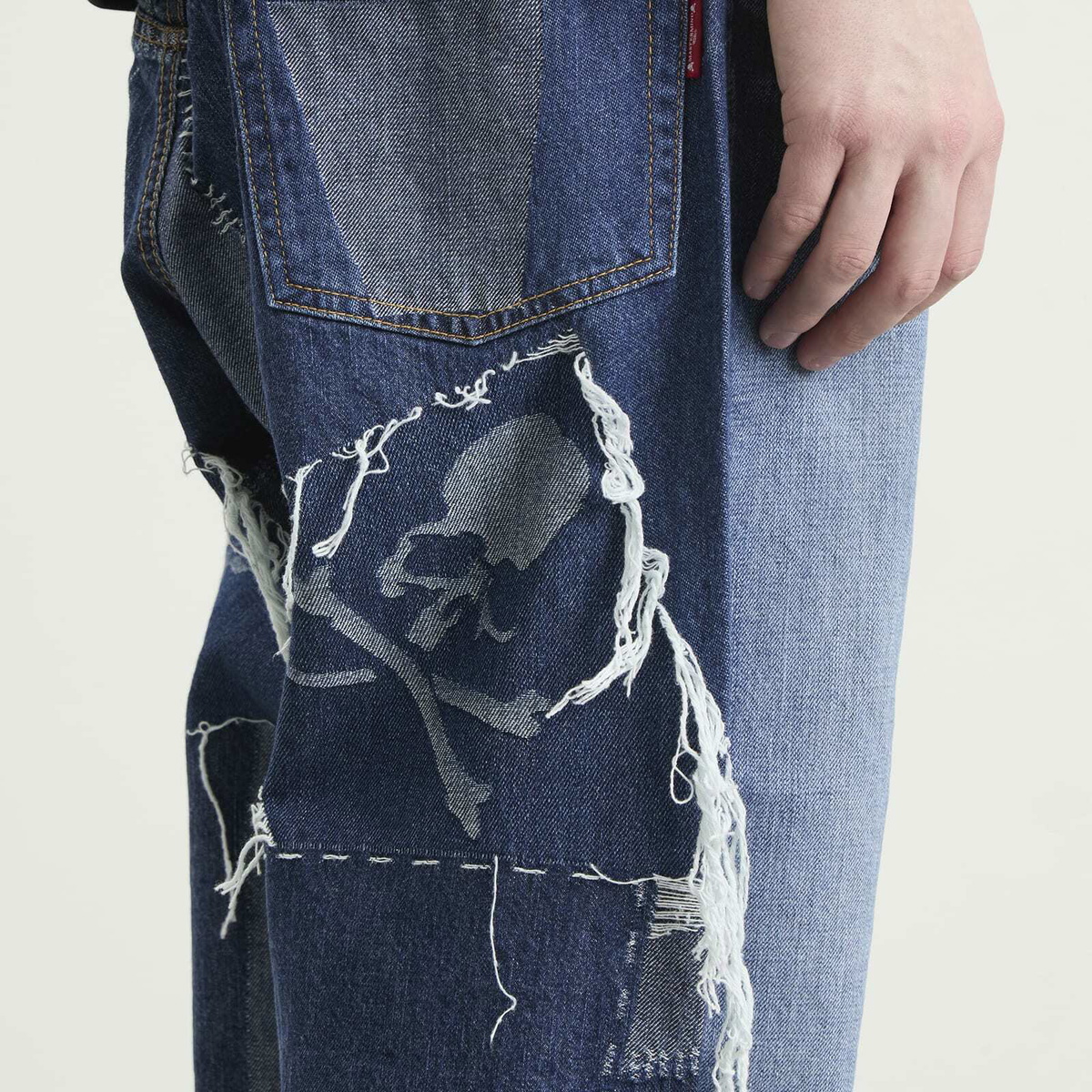 MASTERMIND WORLD Men's Patchwork Jacquard Straight Denim Pants in Indigo