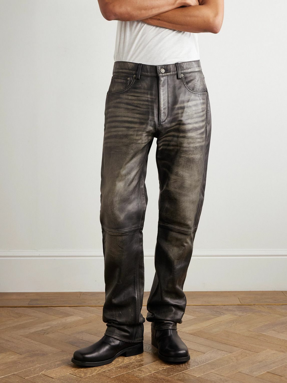 424 - Slim-Fit Straight-Leg Leather Trousers - Black