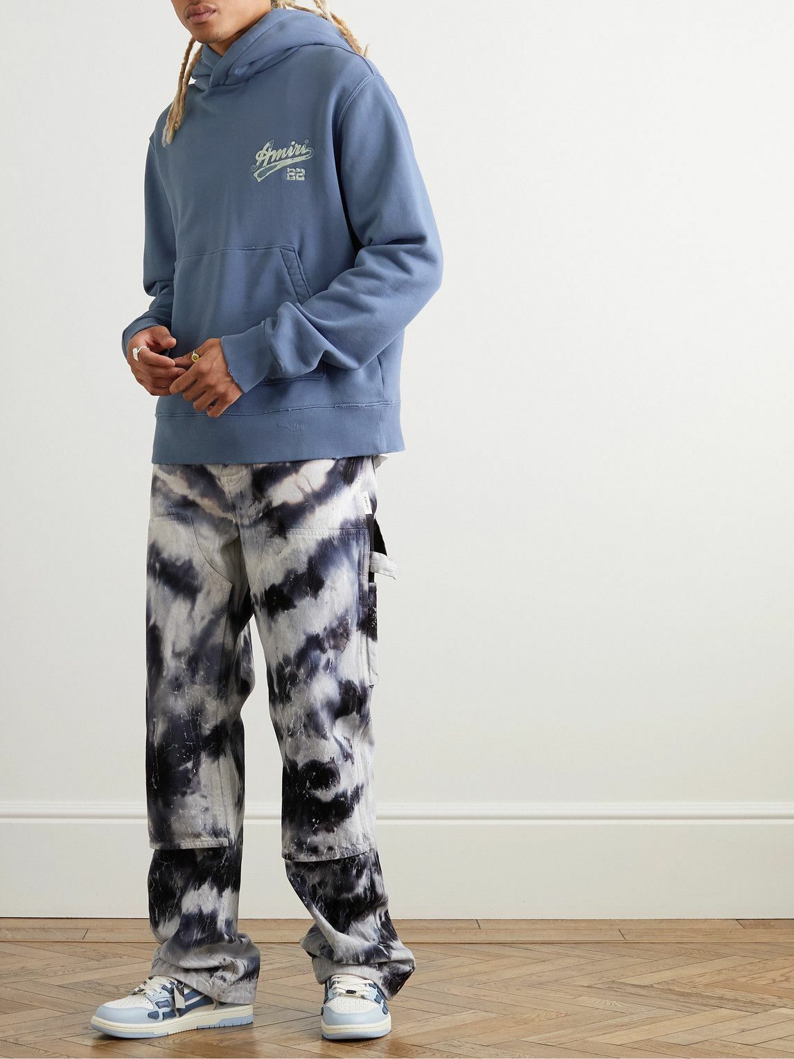 AMIRI - Distressed Logo-Appliquéd Cotton-Jersey Hoodie - Blue Amiri