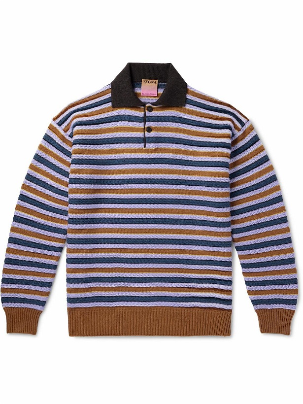 Photo: ZEGNA x The Elder Statesman - Striped Cashmere and Wool-Blend Polo Shirt - Blue