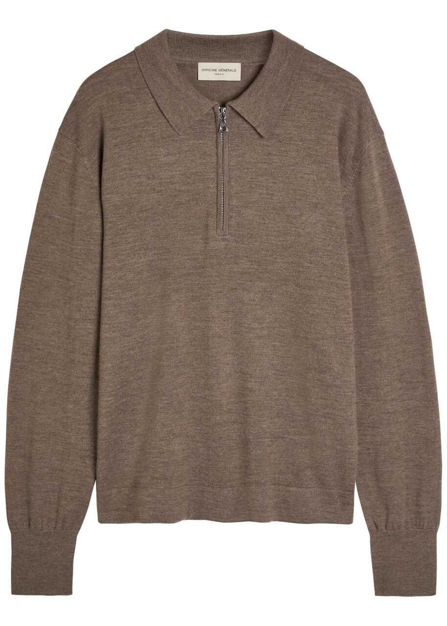 Officine Générale Merino Wool Polo Jumper Light Brown