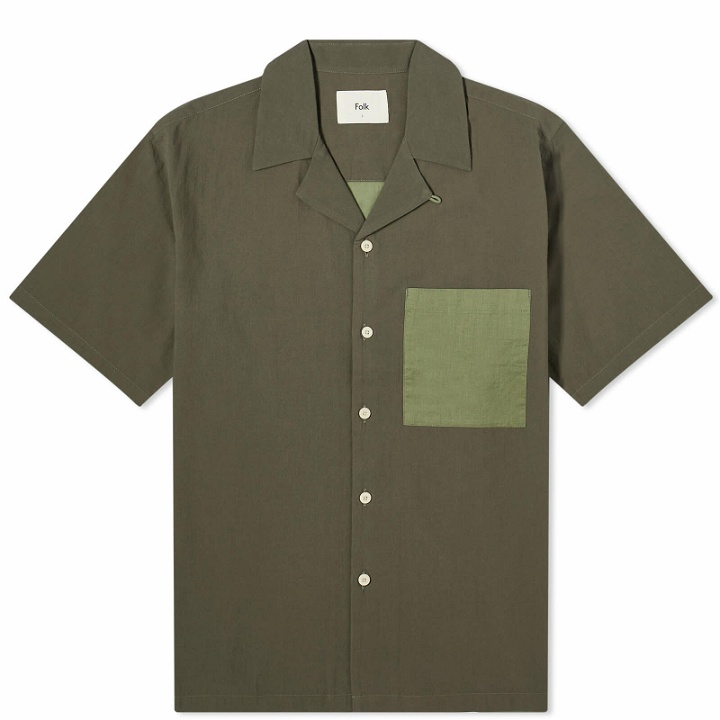 Photo: Folk Men's Short Sleeve Soft Collar Shirt in Olive 2-Tone