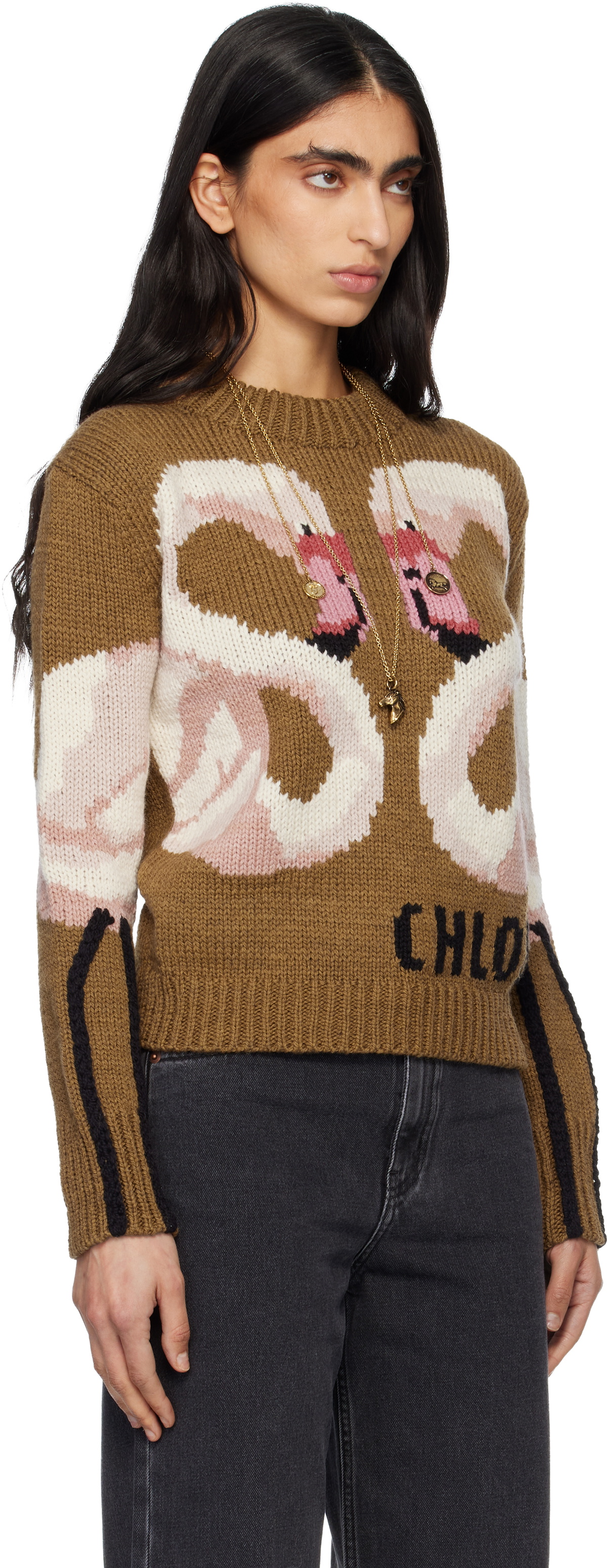 Chloé Brown Crew-Neck Logo Wool Knit Sweater