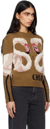 Chloé Brown Crew-Neck Logo Wool Knit Sweater