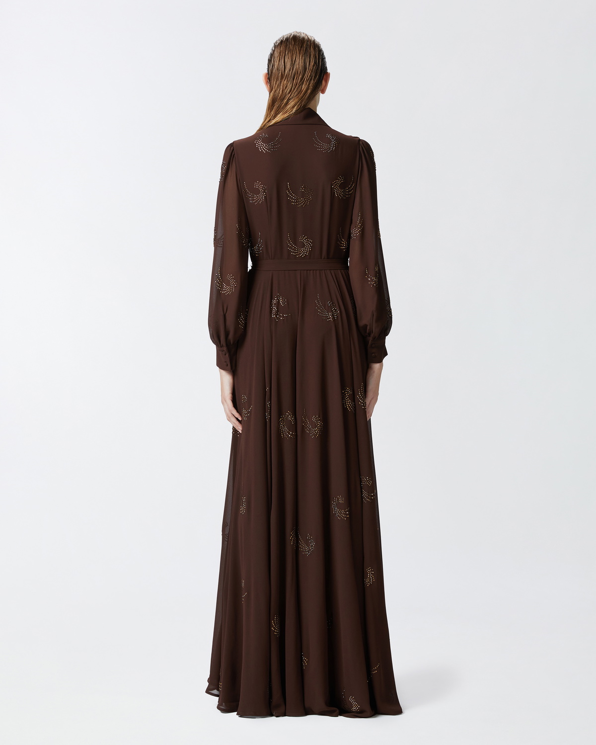 Pinko Lightweight Long Dress With Rhinestone Swirls Coffee