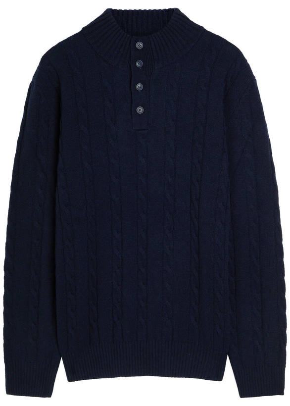 Photo: Aurélien Cable-knit Wool and Cashmere-blend Polo Jumper Navy