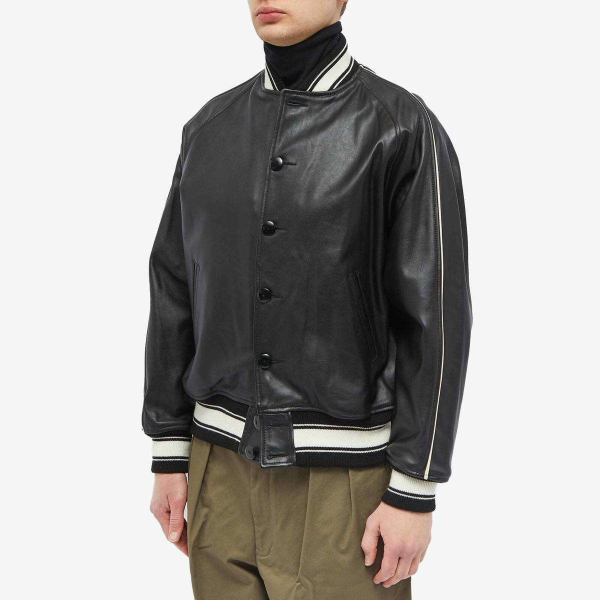 Beams Plus Men's Leather Varisity Jacket in Black Beams Plus