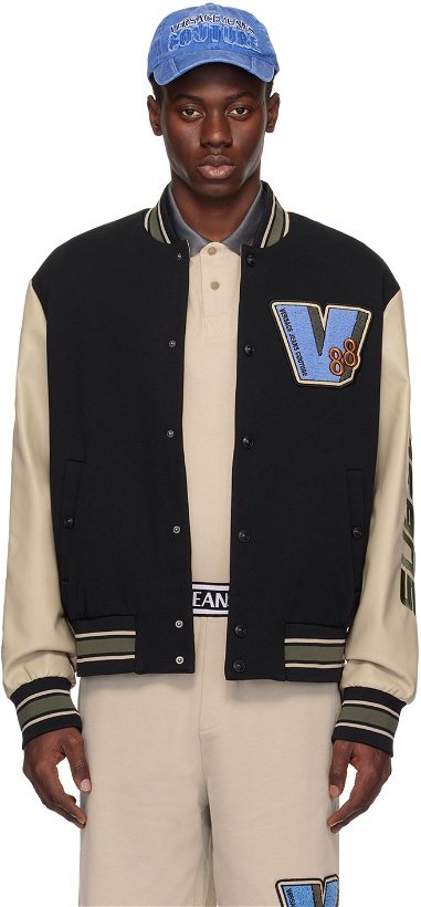 Photo: Versace Jeans Couture Black & Beige Patch Faux-Leather Bomber Jacket