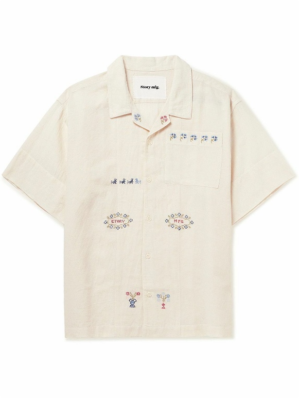 Photo: Story Mfg. - Greetings Camp-Collar Embroidered Cotton and Linen-Blend Shirt - Neutrals