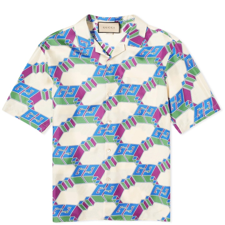 Photo: Gucci Men's GG Game Big Vacation Shirt in Ivory/Blue