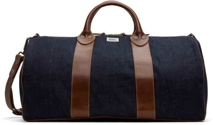Photo: RRL Blue Leather-Trim Denim Duffle Bag