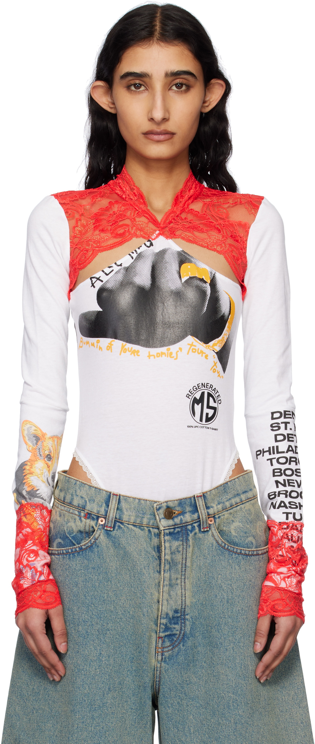 Marine Serre White Regenerated T-shirts & Lace Long Sleeve Bodysuit