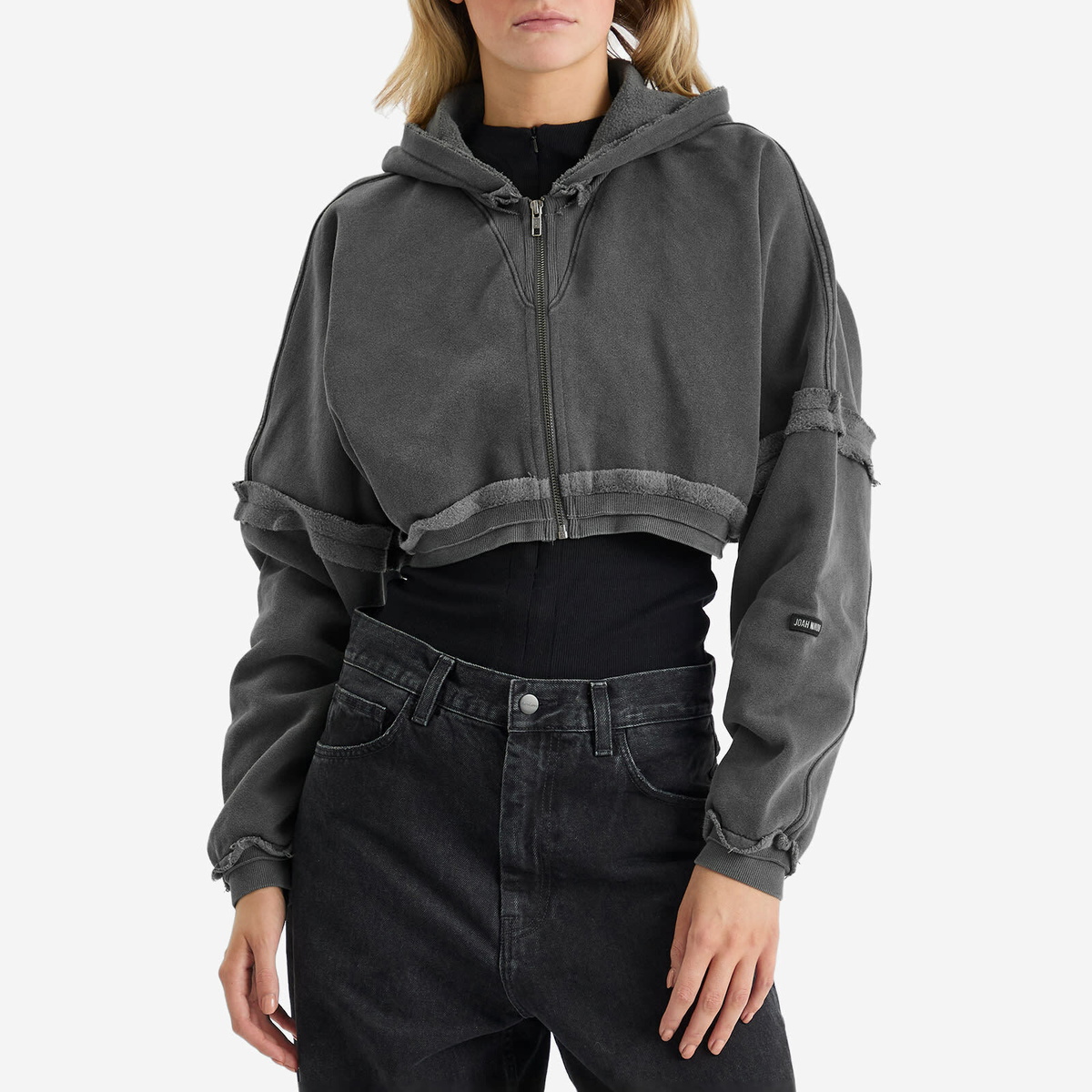 Joah Brown Women's Deconstructed Crop Zip Hoodie in Washed Black