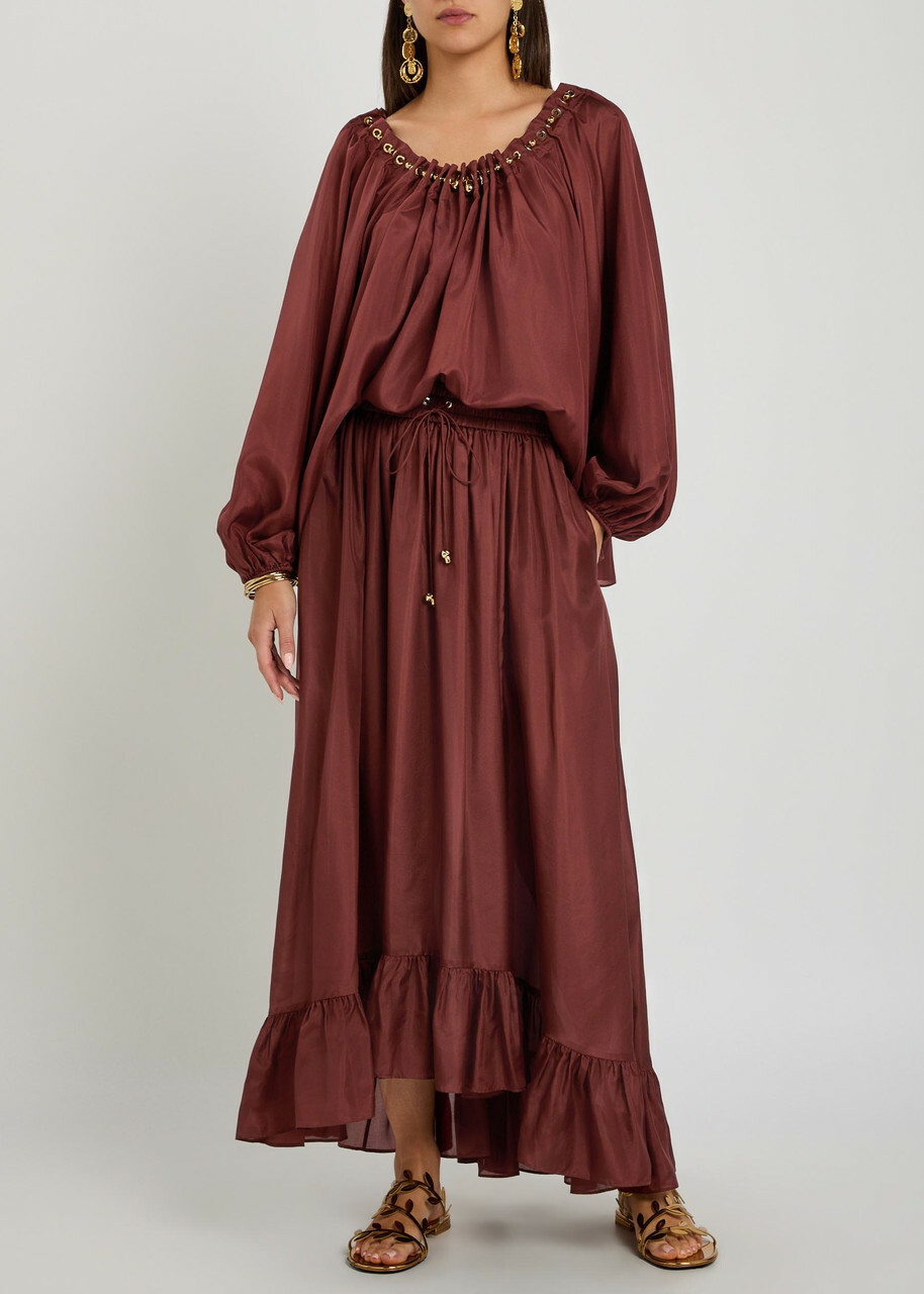 Zimmermann Aster Silk Maxi Skirt Dark Red