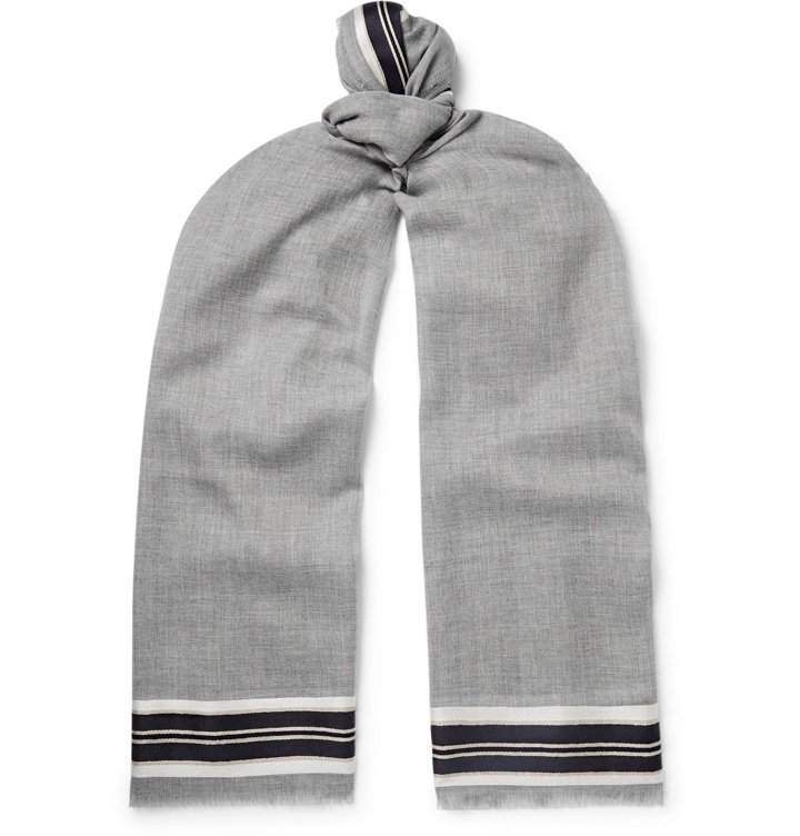 Photo: Johnstons of Elgin - Fringed Striped Merino Wool, Cashmere and Silk-Blend Scarf - Gray