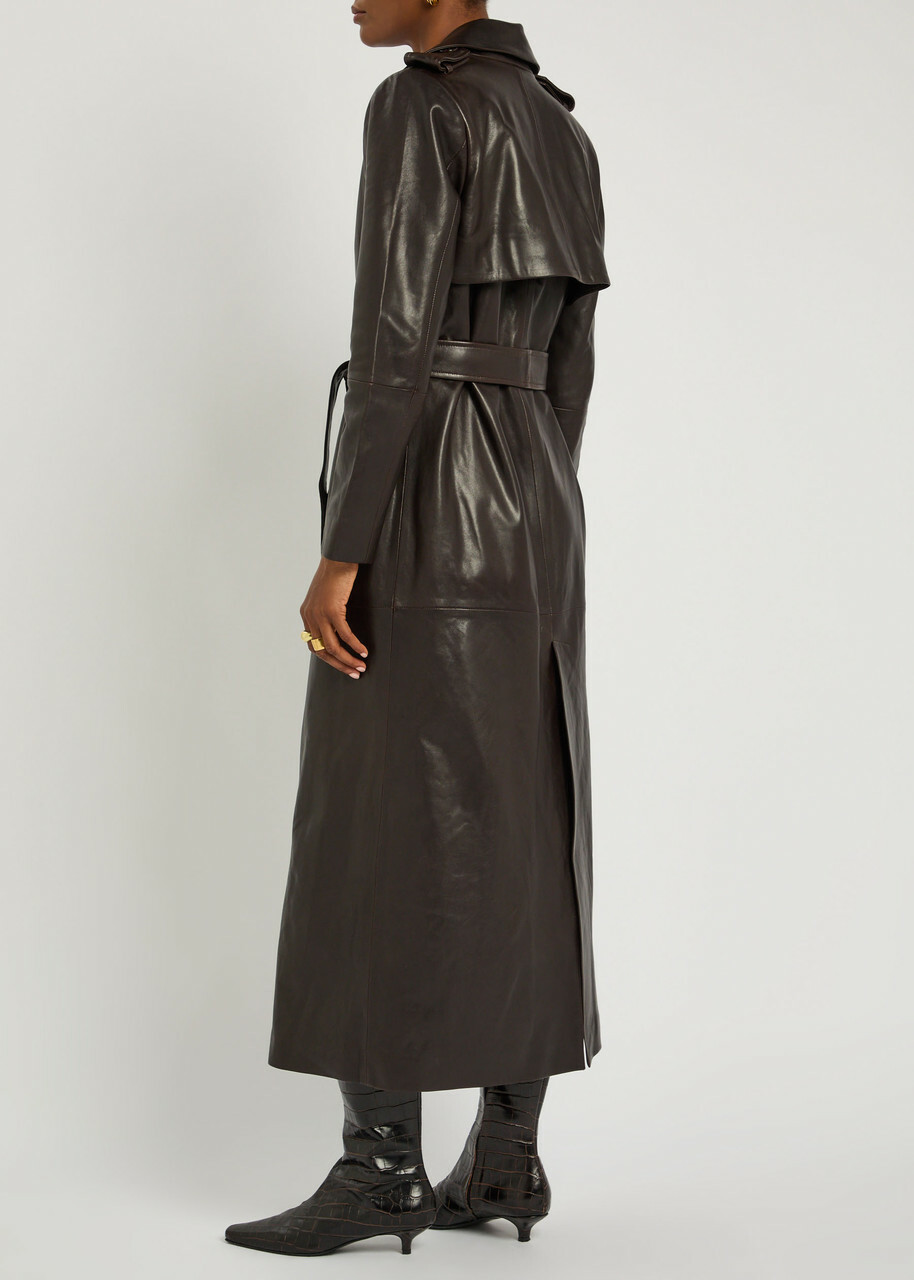 Nour Hammour Scarlett Belted Leather Trench Coat Dark Brown