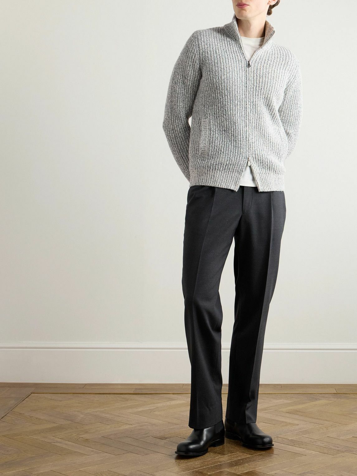 Brunello Cucinelli - Ribbed Wool, Silk and Cashmere-Blend Zip-Up Cardigan - Neutrals