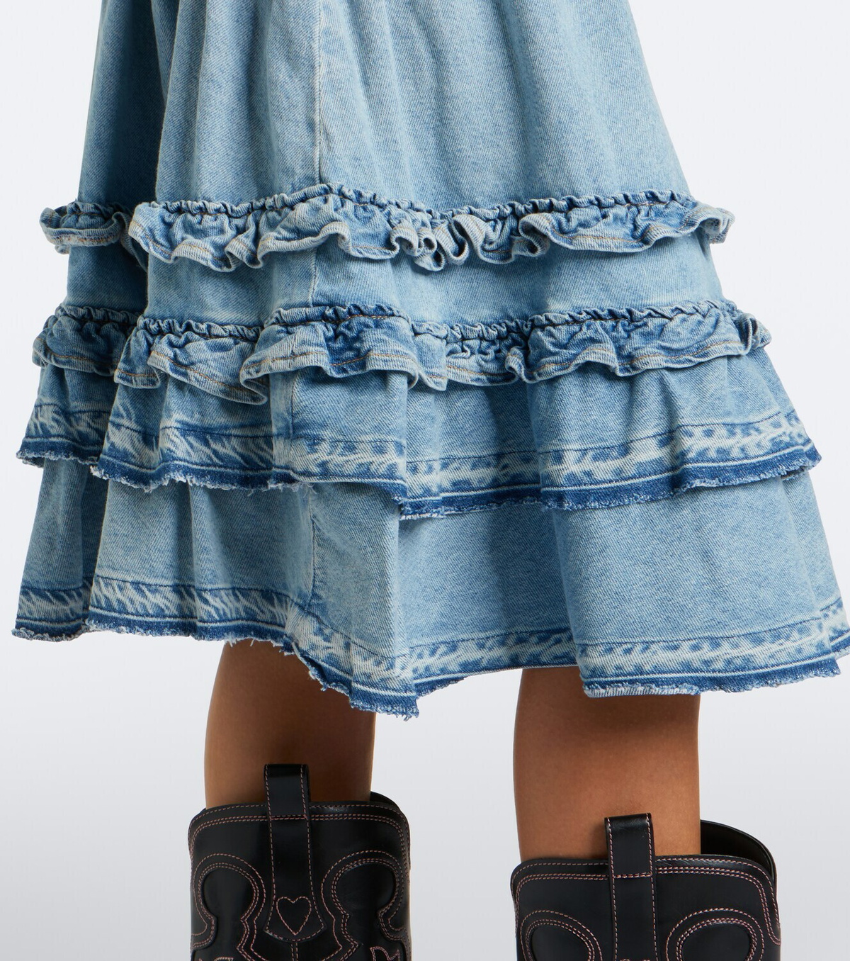 Ganni Ruffled denim midi skirt