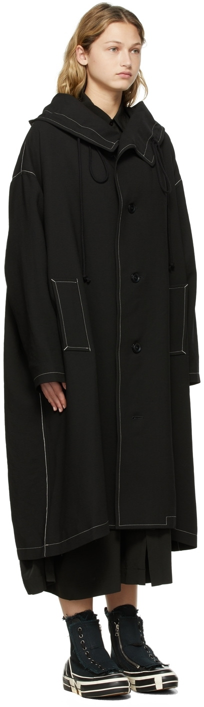 Y's Black Gabardine Chain Stitch Big Hooded Coat