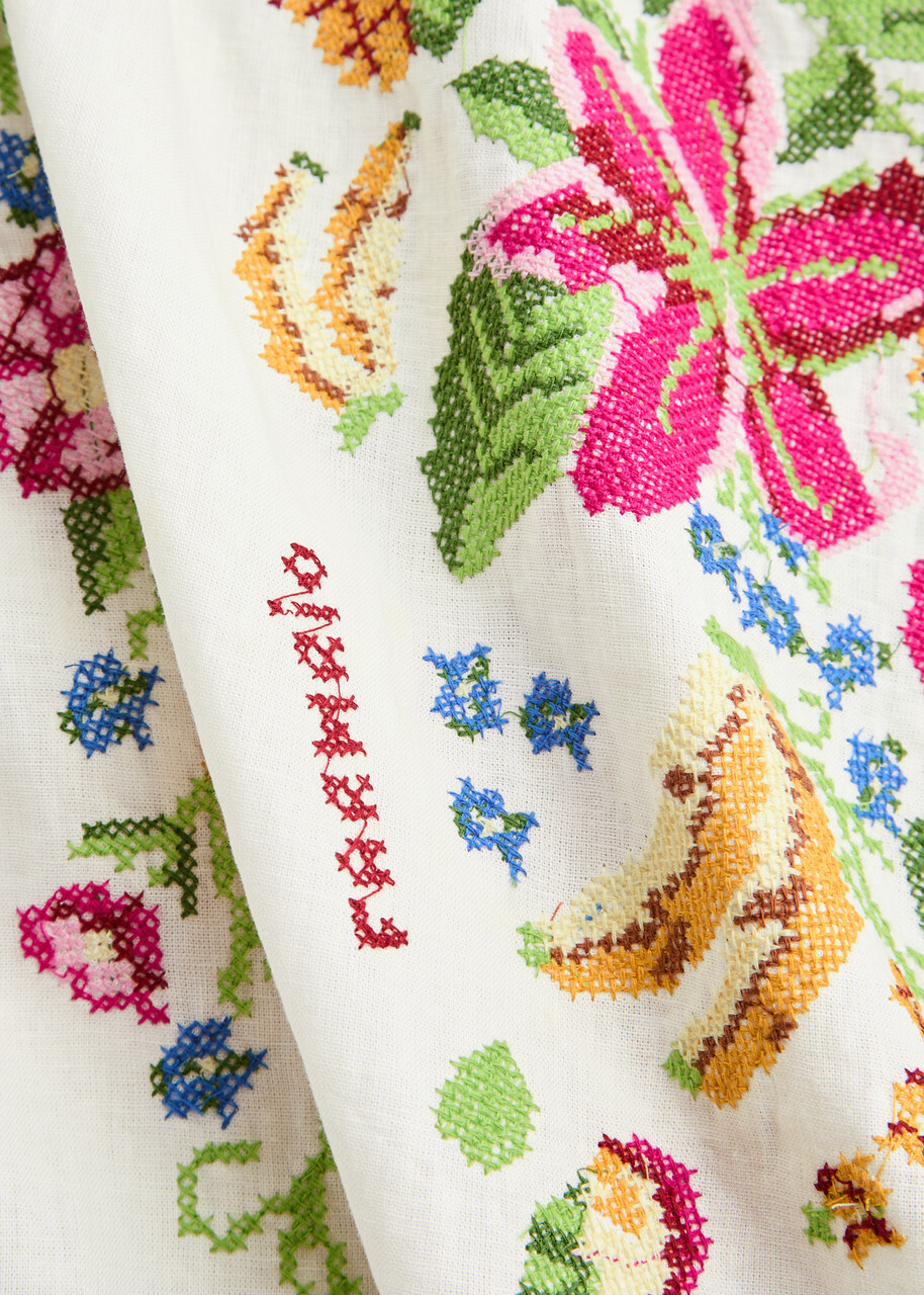 【Farm Rio】 Tropical Romance embroideredミディドレス Tropical Romance embroidered midi dress in white - Farm Rio