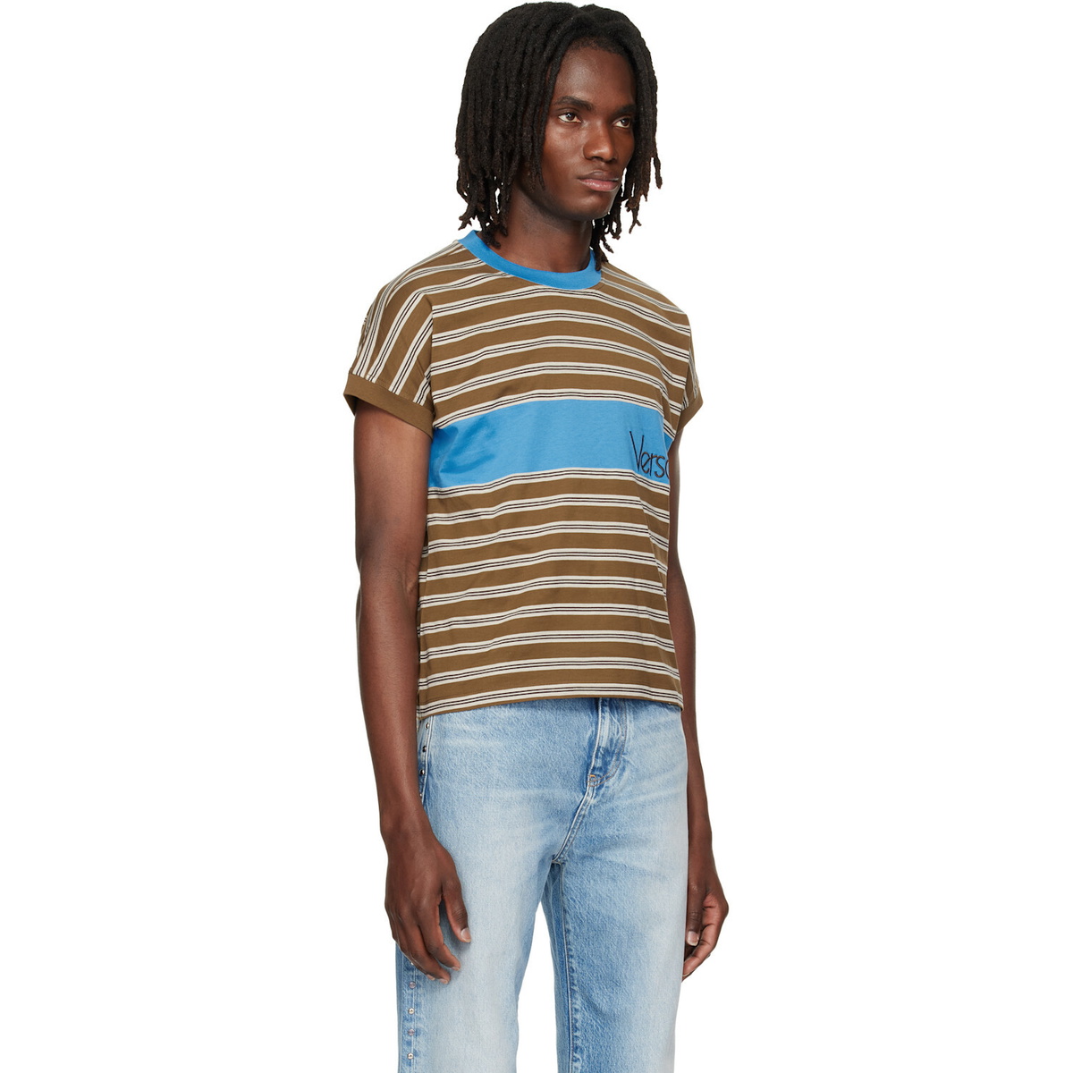 Versace Brown Embroidered-Logo Striped-Intarsia Cotton T-shirt