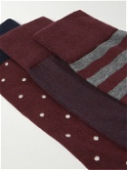 Kingsman - Three-Pack Patterned Cotton-Blend Socks - Burgundy
