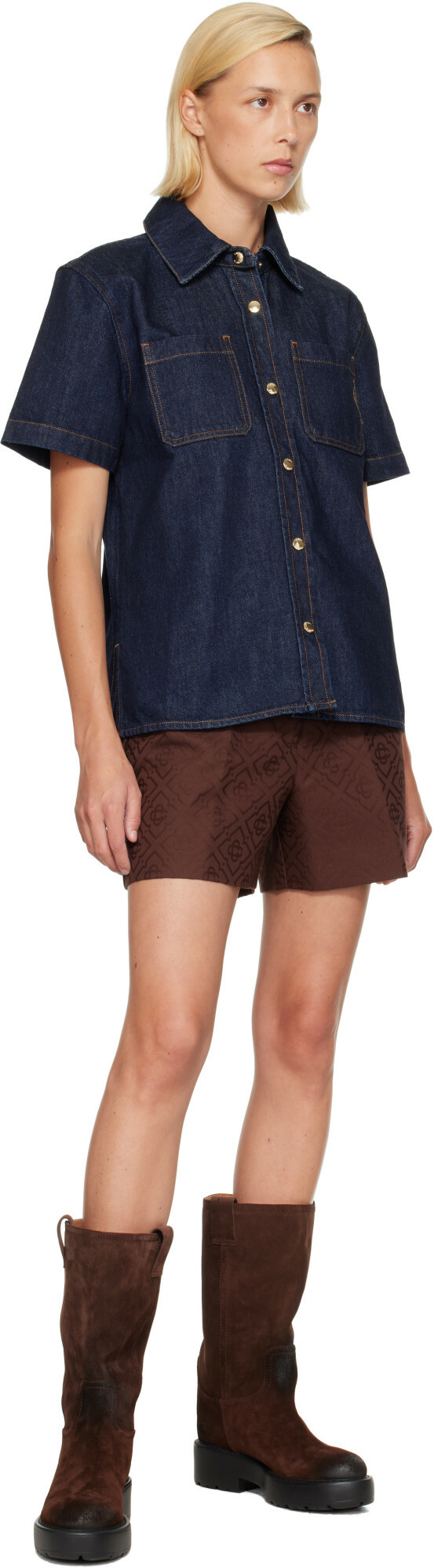 Casablanca Navy Short Sleeve Denim Shirt