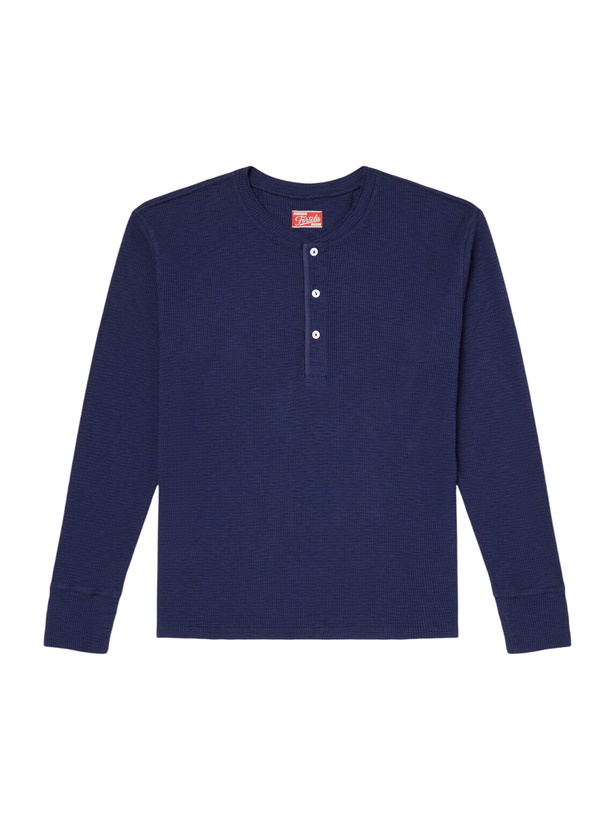 Photo: Fortela - Amish Waffle-Knit Cotton-Jersey Henley T-Shirt - Blue