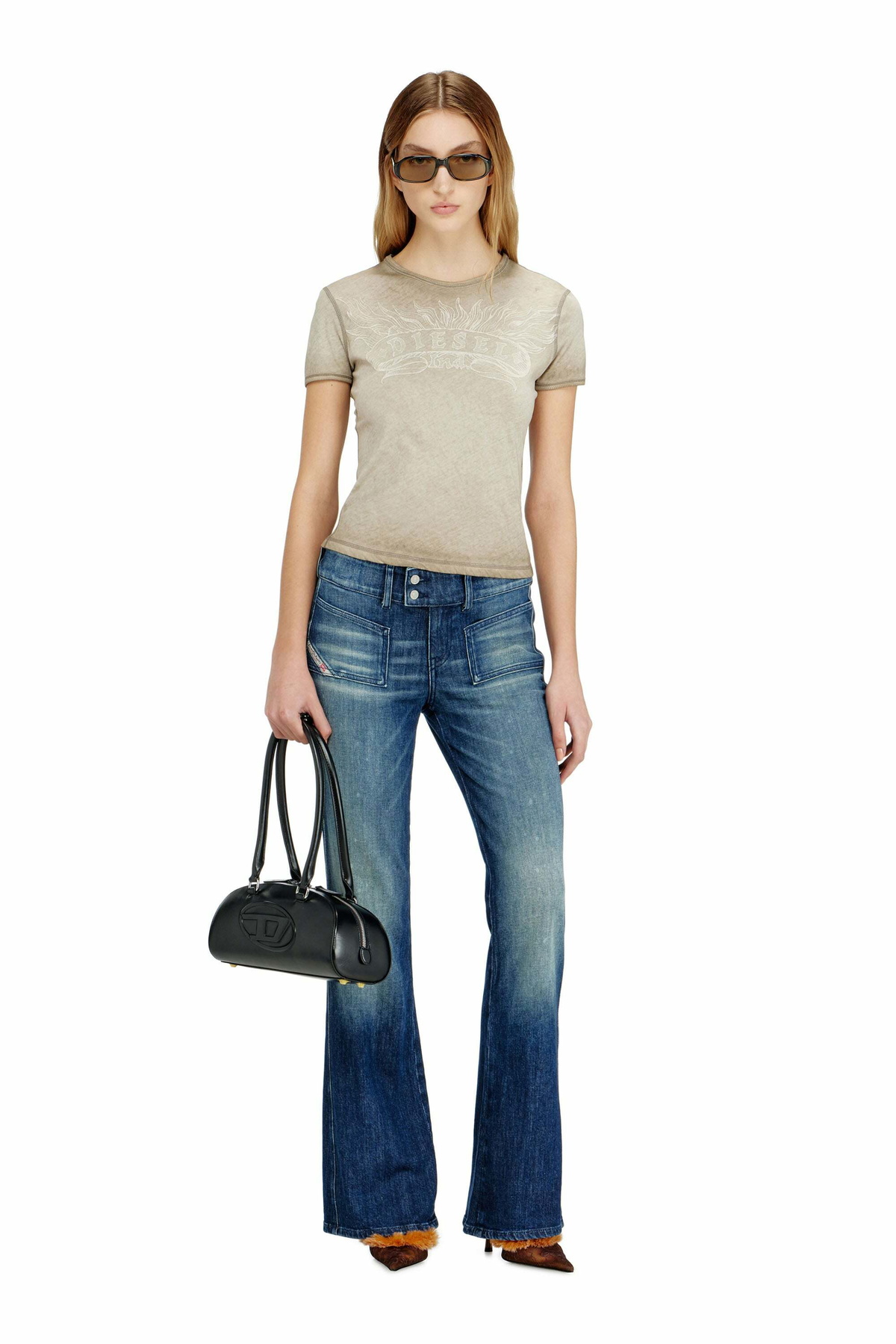 Diesel Slim T-shirt with tonal logo print - T-Shirts Womens in Beige